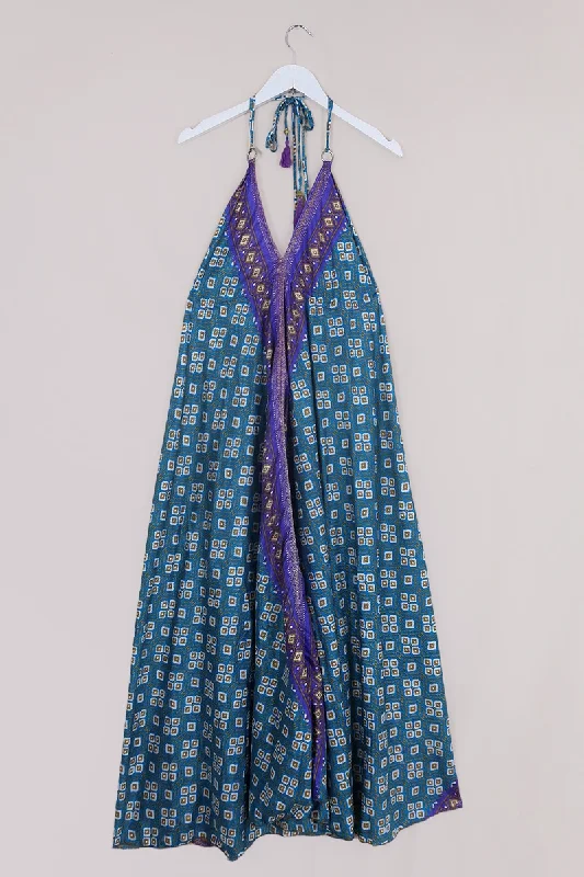 Eden Halter Maxi Dress - Vintage Sari - Marine Blue & Bronze Mosaic - Free Size S - M/L Chic Button-Up Maxi Dress