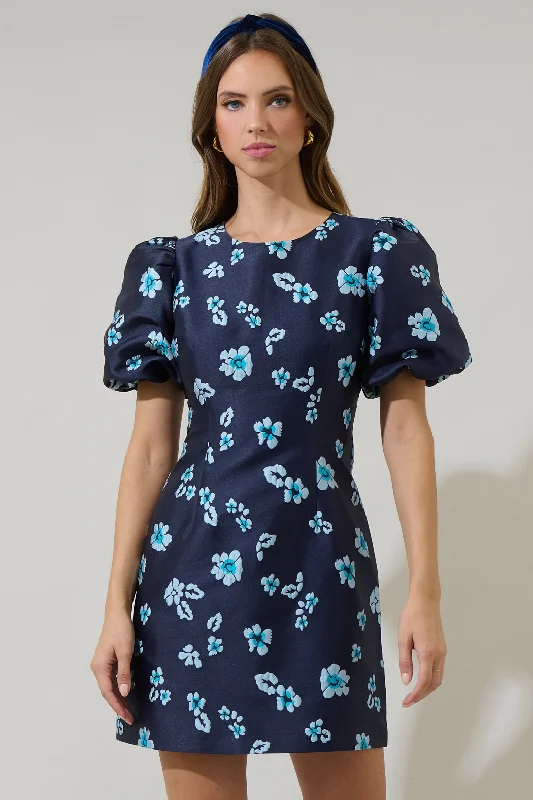 Elissa Jacquard Floral Darce Puff Sleeve Mini Dress Elegant Satin Lace Mini Dress