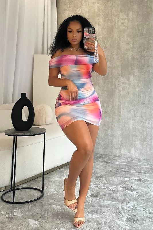 Elsa Print Mesh Ruched Off Shoulder Mini Dress Elegant Vintage Mini Dress