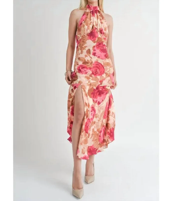 Empowered Halter Maxi Dress In Fuchsia Multi Cozy Spaghetti Strap Maxi Dress