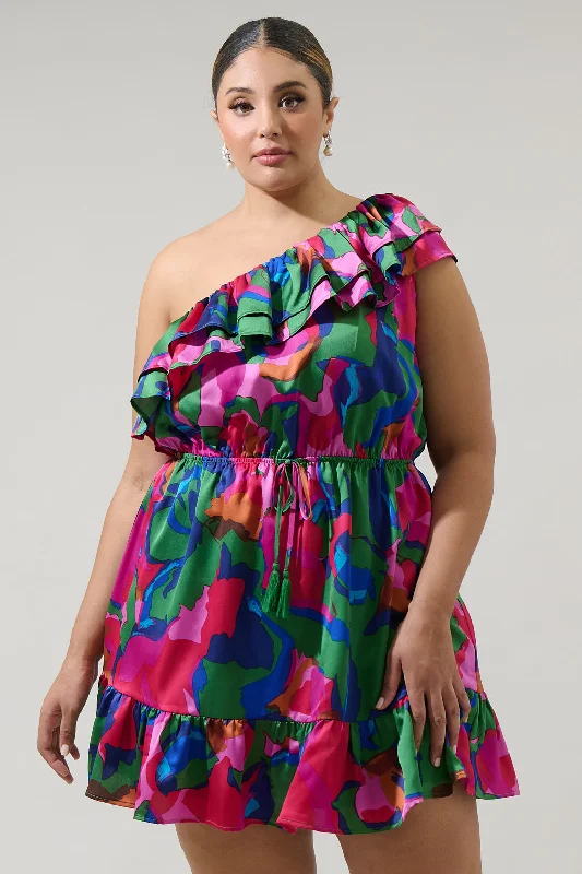 Evolet Floral Paradise Satin One Shoulder Mini Dress Curve Classic Black Mini Dress