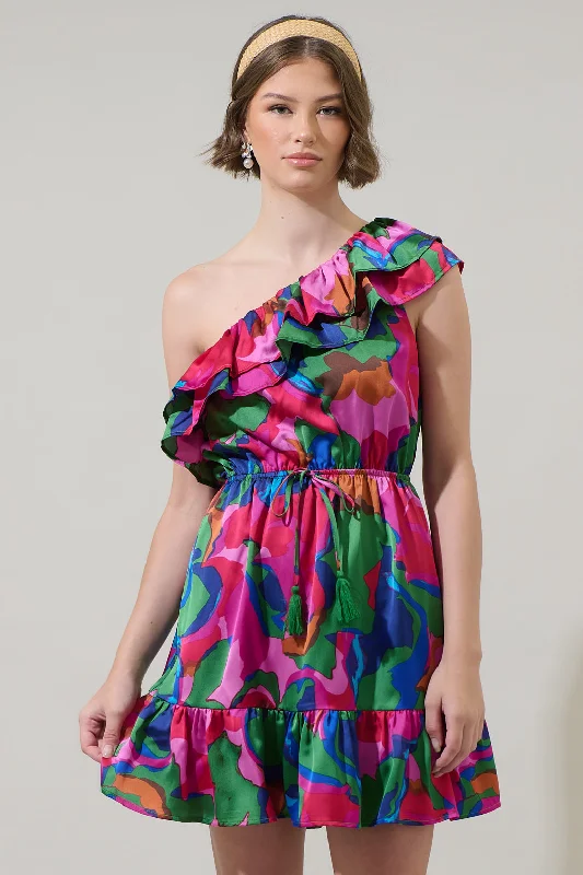 Evolet Floral Paradise Satin One Shoulder Mini Dress Stylish Ruffle Mini Dress