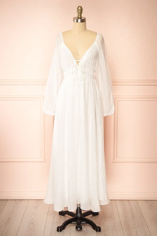 Fallon | White Maxi Dress w/ Long Sleeves Cozy Spaghetti Strap Maxi Dress