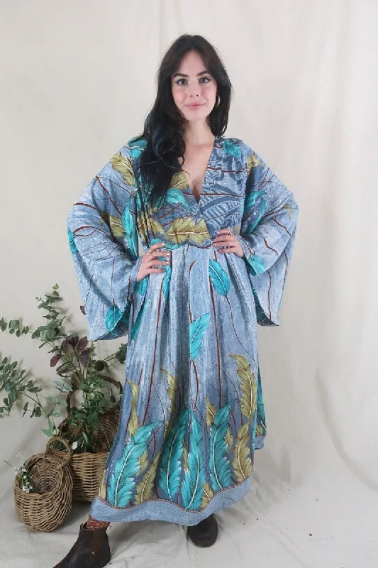 Fleur Bell Sleeve Maxi Dress - Grey Oceanic Plants - Vintage Sari - S - M/L Elegant Velvet Maxi Dress