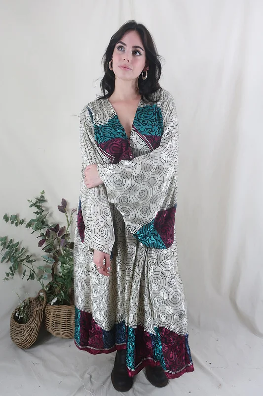 Fleur Bell Sleeve Maxi Dress - White Gold Waves & Teal Paisley - Vintage Sari - S - M/L Trendy Satin Maxi Dress