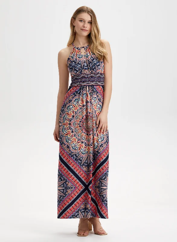 Floral Tile Motif Maxi Dress Trendy Fit-and-Flare Maxi Dress