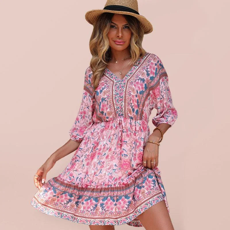 Floral Vintage Loose Mini Dress Cozy Cowl Neck Mini Dress