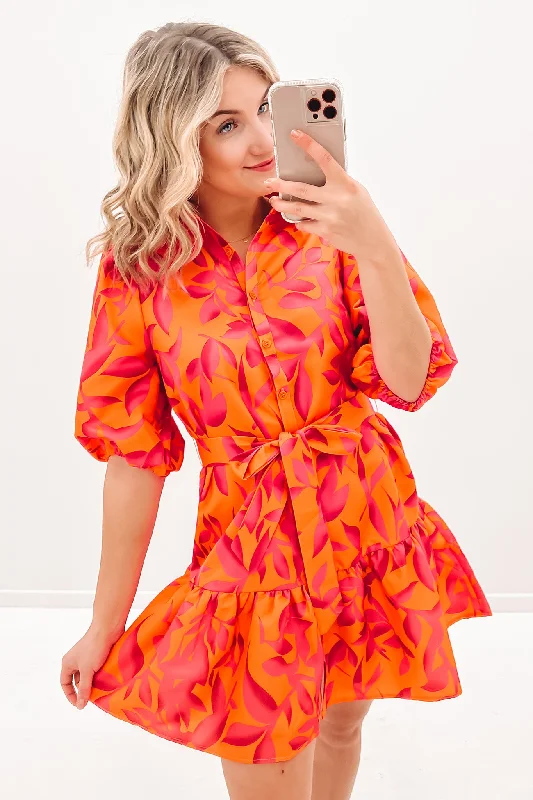 Georgi Mini Dress Orange Pink Trendy Button-Detail Mini Dress