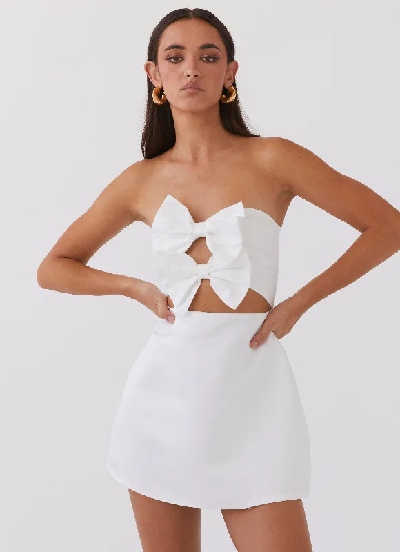 Girl Crush Bow Mini Dress - White Chic Mini Dress with V-Neck