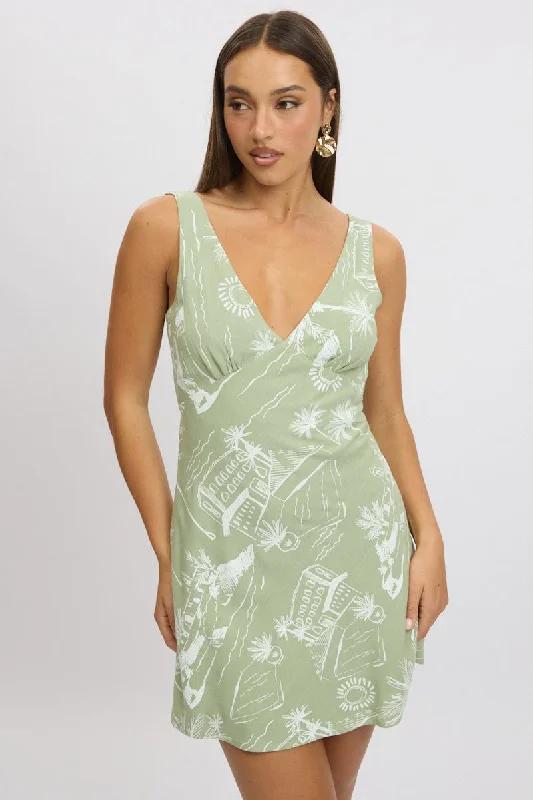 Green Abstract A Line Mini Dress Sleeveless Chic Halter Mini Dress