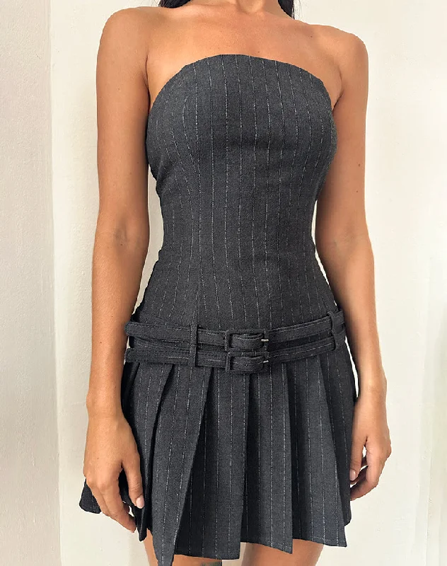 Haika Double Belt Mini Dress in Charcoal with White Stripe Stylish Floral Print Mini Dress