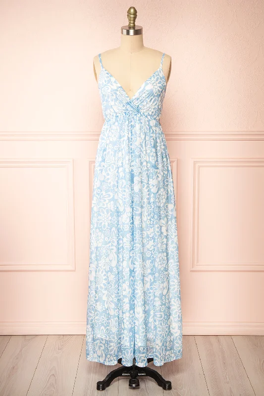 Helga | Blue Floral Maxi Dress Comfortable Long-Sleeve Maxi Dress