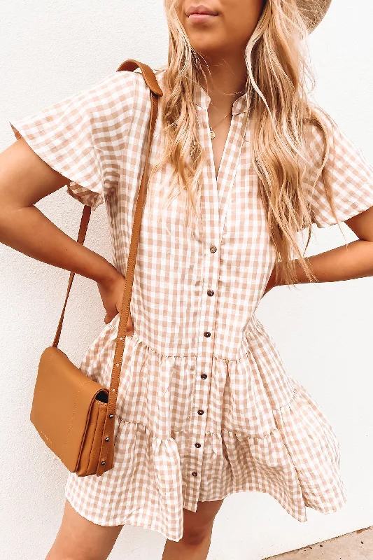 Huxley Mini Dress Beige Gingham Stylish Sweetheart Mini Dress