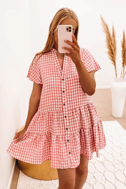 Huxley Mini Dress Pink Gingham Trendy Off-Shoulder Dress Mini