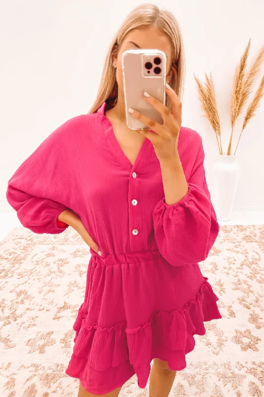 Hyatt Mini Dress Hot Pink Casual V-Neck Mini Dress