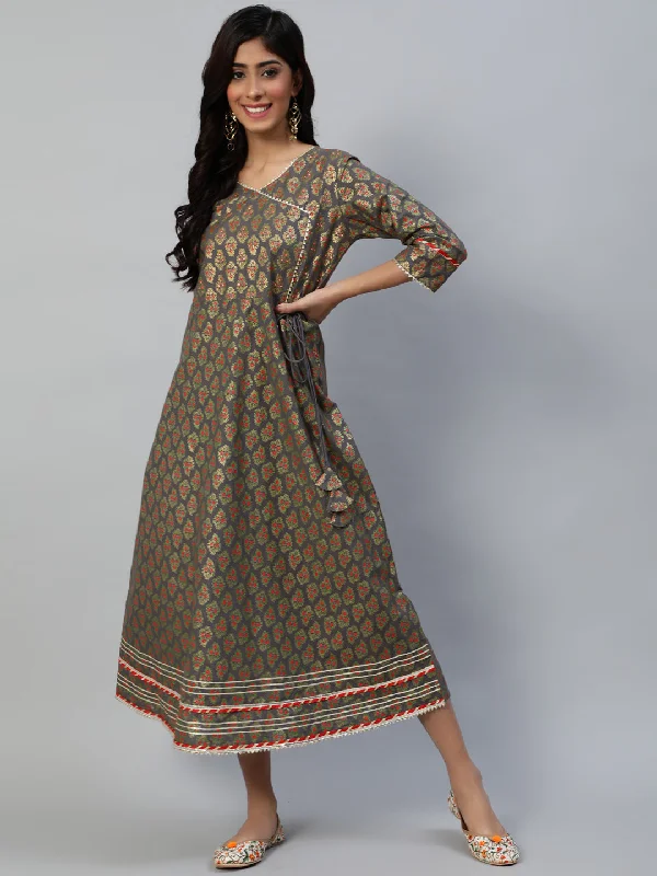 Women's Grey Ethnic Motifs Ethnic A-Line Maxi Dress - Anubhutee Elegant Lace-Up Maxi Dress