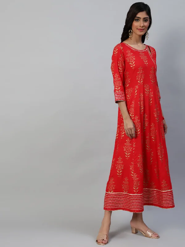 Women's Red Ethnic Motifs Ethnic A-Line Maxi Dress - Anubhutee Chic Boho Print Maxi Dress