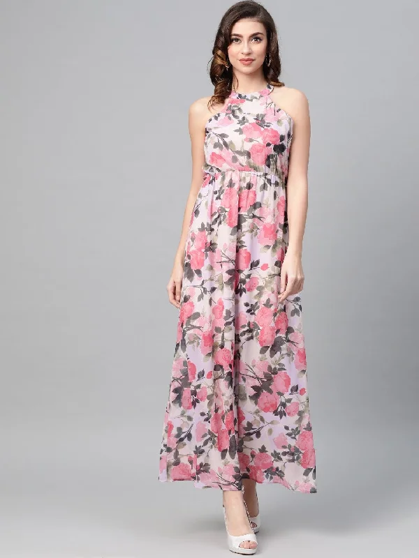 Women's Beige Floral Halter Neck Maxi Dress - SASSAFRAS Fashionable Asymmetrical Maxi Dress