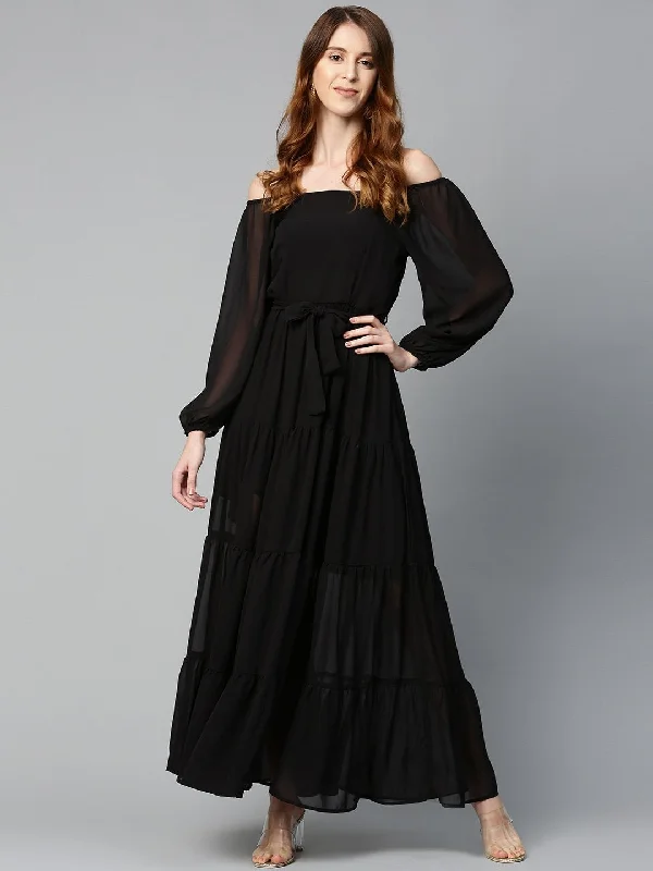 Women's Black Square Neck Tiered Maxi Dress - SASSAFRAS Fashionable Sheer Maxi Dress