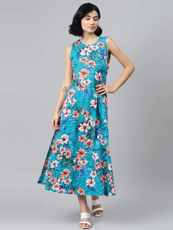 Women's Blue Floral Sleeveless Jersey Maxi Dress - SASSAFRAS Fashionable Faux Wrap Maxi Dress