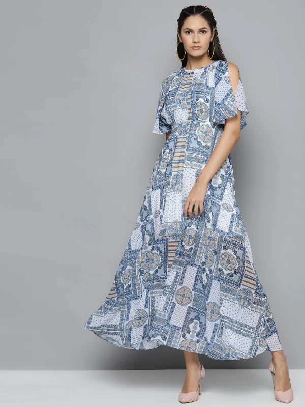 Women's Blue Patch Print Maxi Dress - SASSAFRAS Trendy Short Sleeve Maxi Dress
