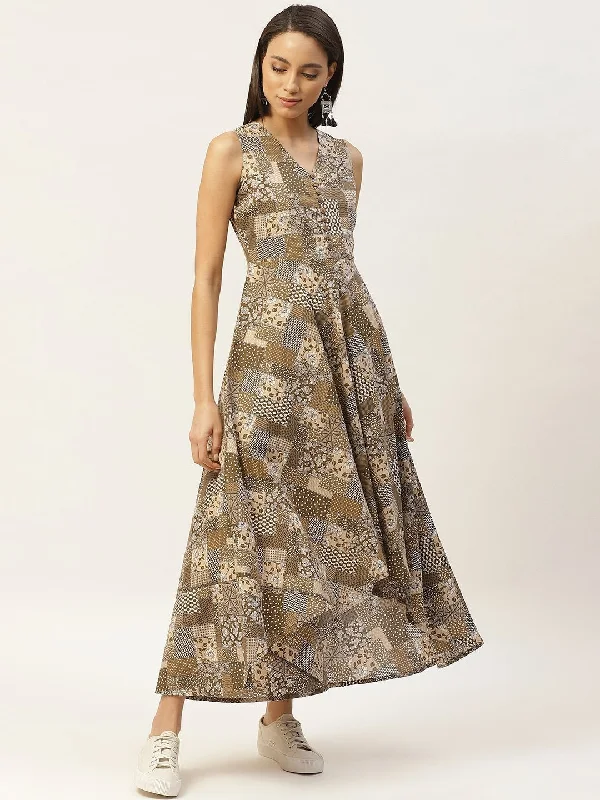 Women's Brown Floral High Low Flared Maxi Dress - SASSAFRAS Elegant Maxi Dress with Lace