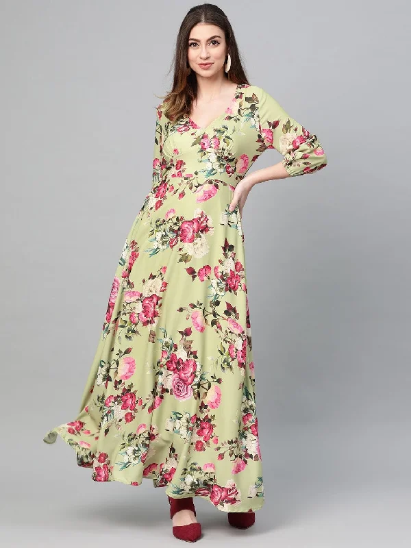 Women's Green Floral Flared Maxi Dress - SASSAFRAS Comfortable T-Shirt Maxi Dress