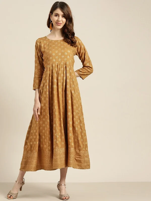 Women's Mustard Foil Print Anarkali Maxi Dress - SHAE Trendy Fit-and-Flare Maxi Dress