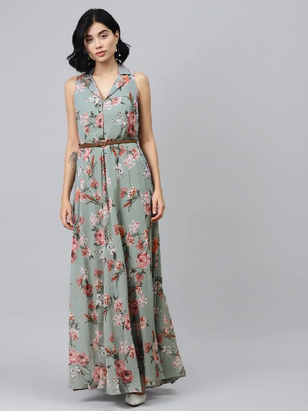 Women's Olive Floral Notch Collar Maxi Dress - SASSAFRAS Comfortable Maxi Dress with Belt