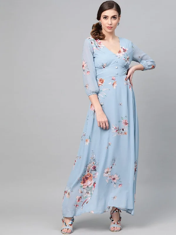 Women's Pale Blue Floral Flared Maxi Dress - SASSAFRAS Stylish Boho Chic Maxi Dress