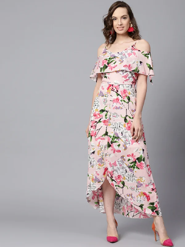 Women's Pink Floral Layered High Low Maxi Dress - SASSAFRAS Comfortable Satin Maxi Dress