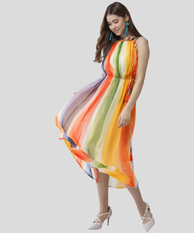 Women's Tie up Rainbow Print Maxi dress - StyleStone Stylish Boho Chic Maxi Dress