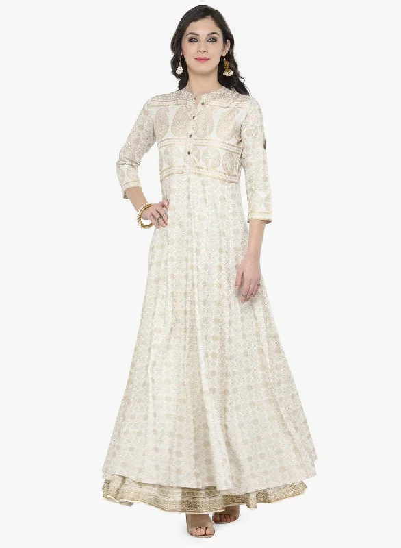 Women's Off-White Printed Maxi Dress - Varanga Elegant Maxi Dress with Belt