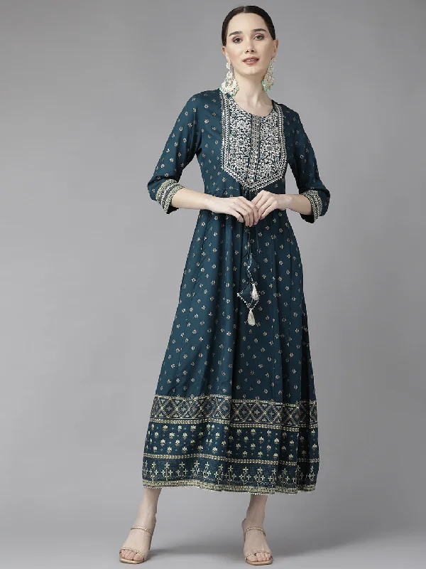 Women's Teal Blue Embroidery Rayon Maxi Dress - Yufta Stylish Empire Waist Maxi Dress