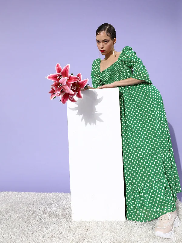 Women's Green Polka Maxi Dress - Stylestone Fashionable Asymmetrical Maxi Dress