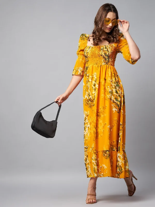 Women's Puff Sleeve Smocked Floral Maxi Dress- Yellow - Stylestone Comfortable Ruffle Maxi Dress