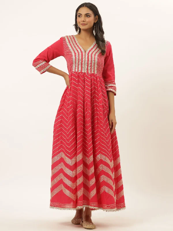 Women's Fuchsia Thread Work Cotton Maxi Dress - Yufta Elegant Lace Maxi Dress