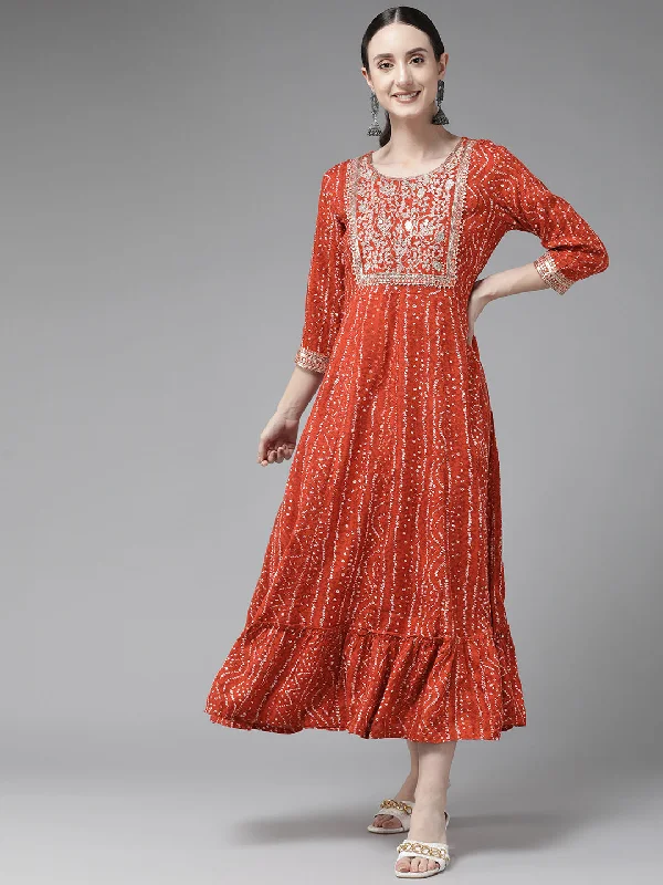Women's Red Embroidery Sequence Work Cotton Maxi Dress - Yufta Trendy A-Line Maxi Dress