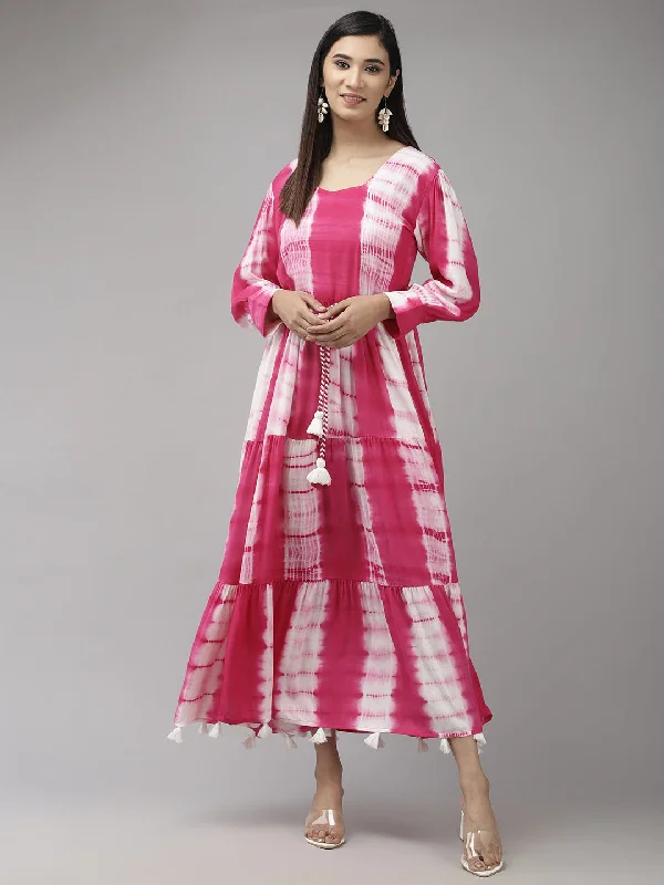 Women's Pink & White Tie And Dye Dyed Maxi Dress With A Belt - Yufta Classic Black Maxi Dress