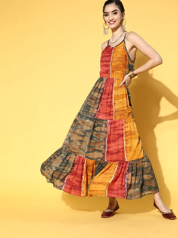Women's Mustard Yellow Tie And Dye Dyed Maxi Dress - Yufta Elegant Boho Maxi Dress
