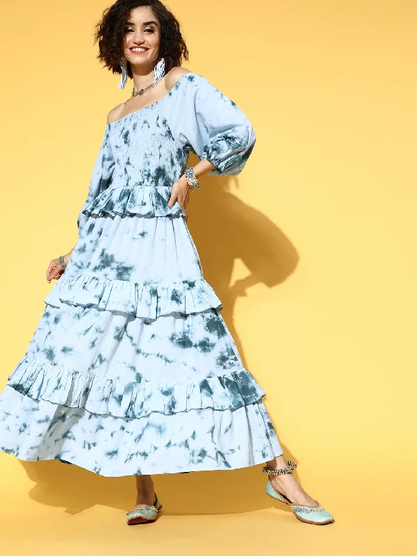 Women's Blue Tie And Dye Dyed Empire Maxi Dress - Yufta Elegant Tiered Maxi Dress