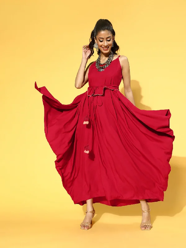 Women's Red Solid Shoulder Straps Rayon Liva Maxi Dress With Fabric Belt - Yufta Cozy Wrap Maxi Dress