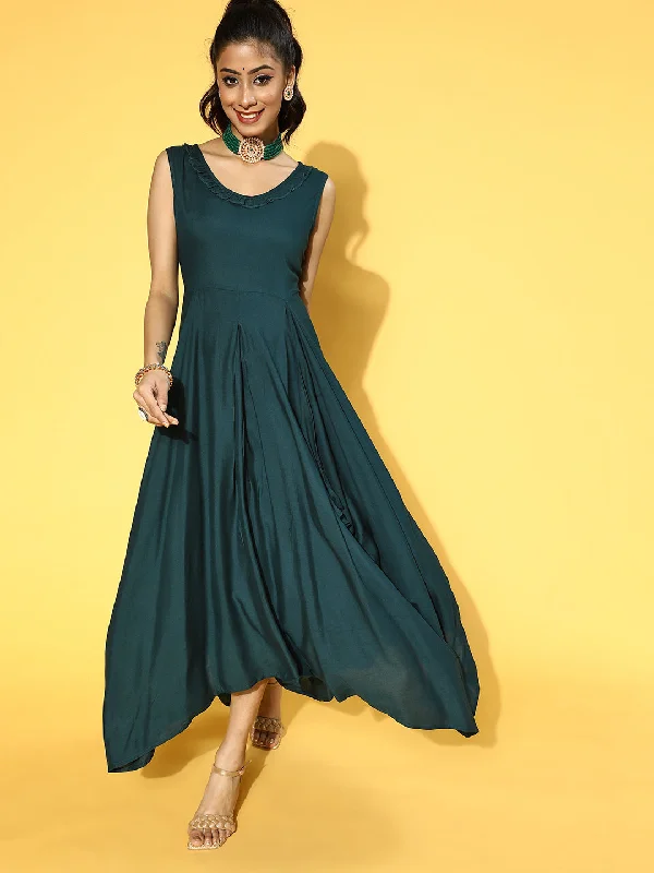 Women's Teal Green Solid Viscose Rayon Liva Maxi Dress - Yufta Comfortable Pleated Maxi Dress
