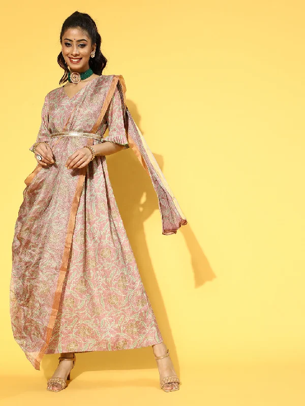 Women's Peach Pink & Green Floral Print Belted Maxi Dress With Dupatta - Yufta Cozy Maxi Dress with Slit