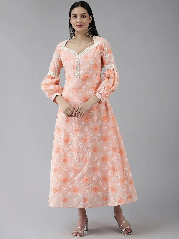 Women's Peach Rubber Print Embroidered Lace Poly Blend Maxi Dress - Yufta Comfortable Fit-and-Flare Maxi Dress