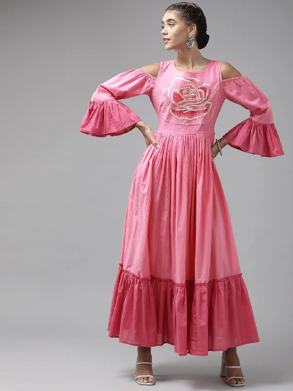 Women's Pink Floral Embroidered Bell Sleeves Ethnic Maxi Dress - Yufta Comfortable Bohemian Maxi Dress
