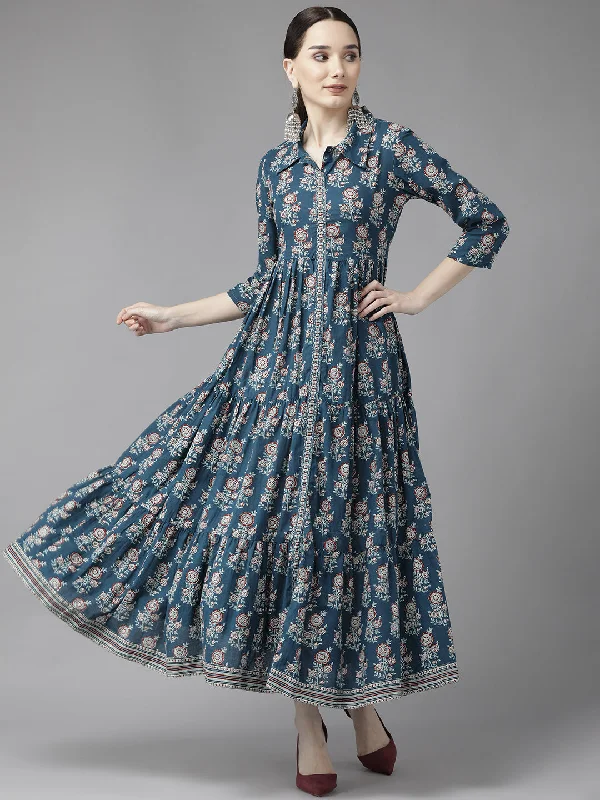 Women's Blue Floral Print Cotton Maxi Dress - Yufta Elegant Velvet Maxi Dress