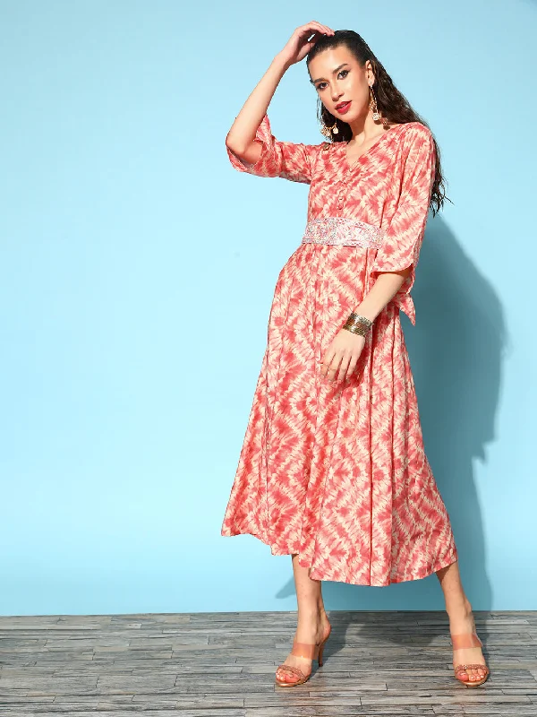 Women's Peach & Off White Tie And Dye Printed Ethnic Maxi Dress - Yufta Stylish Empire Waist Maxi Dress
