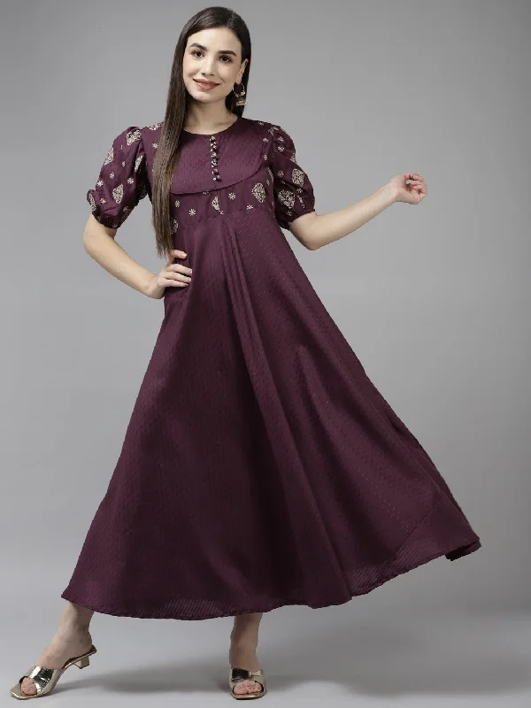 Women's Burgundy Rubber Print Maxi Dress - Yufta Comfortable T-Shirt Maxi Dress
