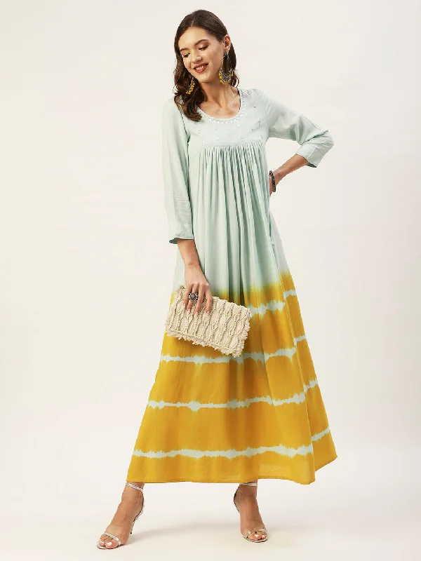 Women's Green Yellow Tie And Dye Maxi Dress - Anubhutee Chic Sleeveless Maxi Dress